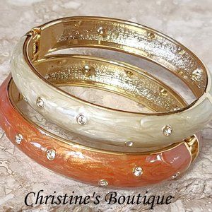 Enamel bracelets with cubic zirconia, oval bangle, set of 2, orange and cream co